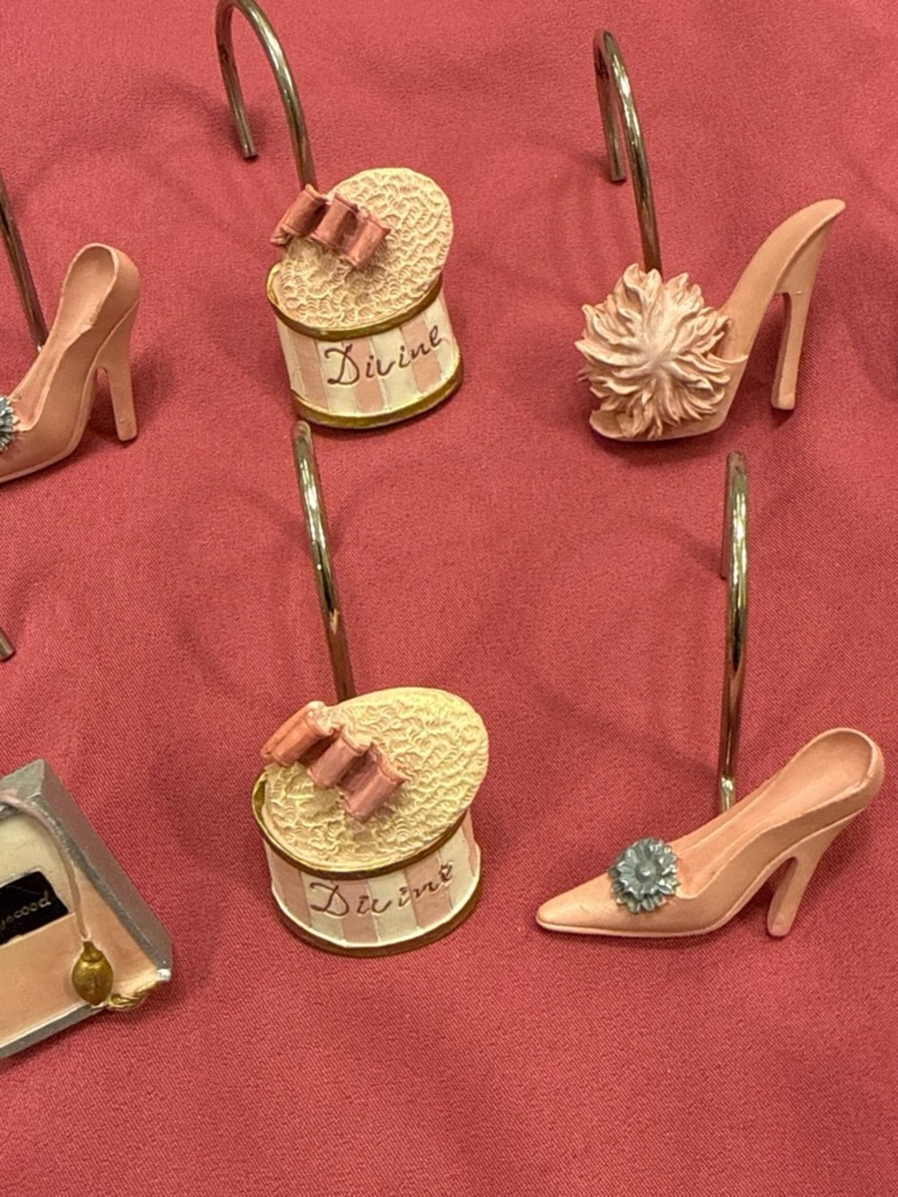 Shower Curtain Hooks (12 hooks) in Pink High Heels, Miniature Perfume Bottles